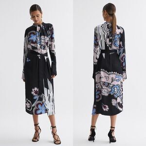 NWT Reiss Samara Pleat Front Midi Dress Black White Size 10 $475